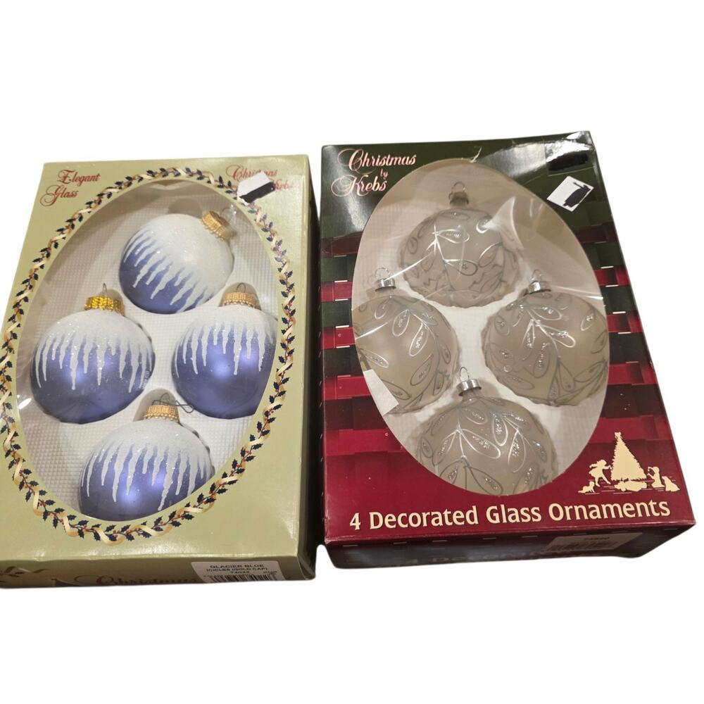 Christmas by Krebs Glass Ornaments Lot 8 Blue White Silver Glitter 2.5" Frosted